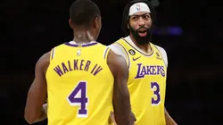 Anthony Davis of the Los Angeles Lakers reacts to Lonnie Walker IV