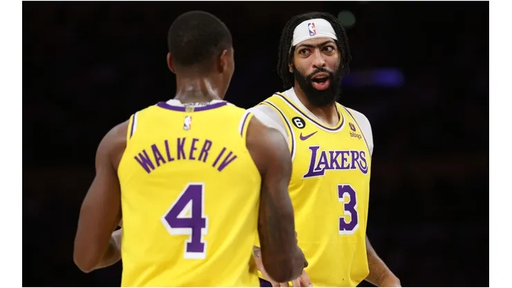 Anthony Davis of the Los Angeles Lakers reacts to Lonnie Walker IV