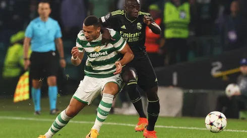 Giorgos Giakoumakis of Celtic battles for possession with Ferland Mendy of Real Madrid