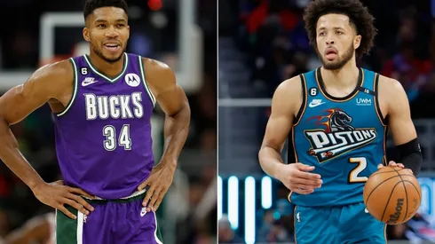 Giannis Antetokounmpo of the Milwaukee Bucks and Cade Cunningham of the Detroit Pistons