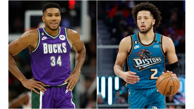 Giannis Antetokounmpo of the Milwaukee Bucks and Cade Cunningham of the Detroit Pistons