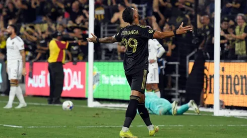 Denis Bouanga of Los Angeles FC celebrates the winning goal by Cristian Arango against Los Angeles Galaxy