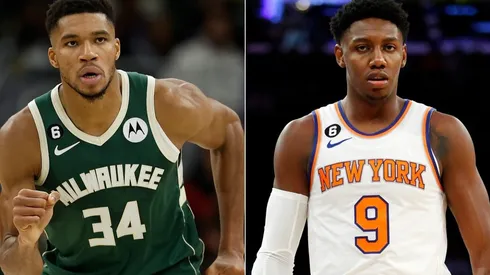 Giannis Antetokounmpo of the Milwaukee Bucks and RJ Barrett of the New York Knicks