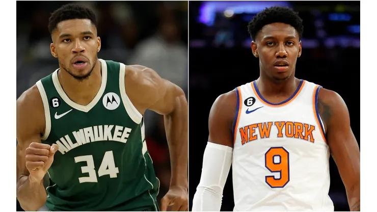 Giannis Antetokounmpo of the Milwaukee Bucks and RJ Barrett of the New York Knicks