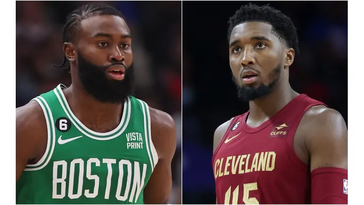 Jaylen Brown of the Boston Celtics and Donovan Mitchell of the Cleveland Cavaliers