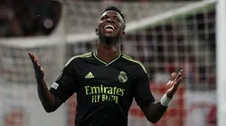Vinicius Junior of Real reacts during the UEFA Champions League group F match between RB Leipzig and Real Madrid at Red Bull Arena on October 25, 2022 in Leipzig, Germany.