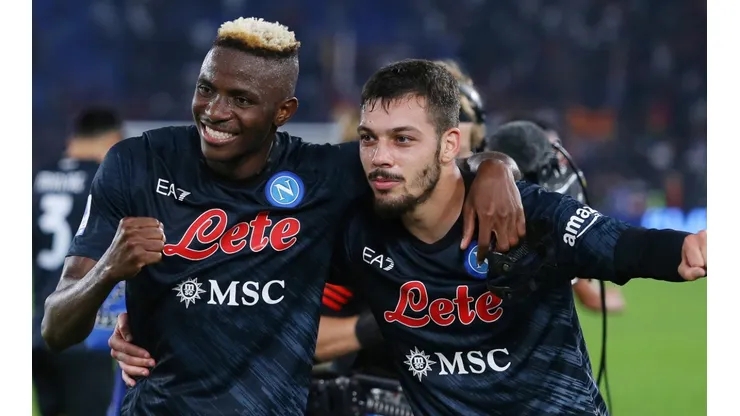Victor Osimhen and Gianluca Gaetano of Napoli after defeating Roma