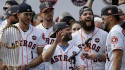George Springer #4 of the Houston Astros is introduced during the Houston Astros Victory Parade on November 3, 2017 in Houston, Texas. The Astros defeated the Los Angeles Dodgers 5-1 in Game 7 to win the 2017 World Series.