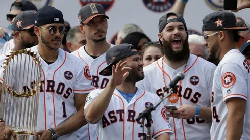 George Springer #4 of the Houston Astros is introduced during the Houston Astros Victory Parade on November 3, 2017 in Houston, Texas. The Astros defeated the Los Angeles Dodgers 5-1 in Game 7 to win the 2017 World Series.