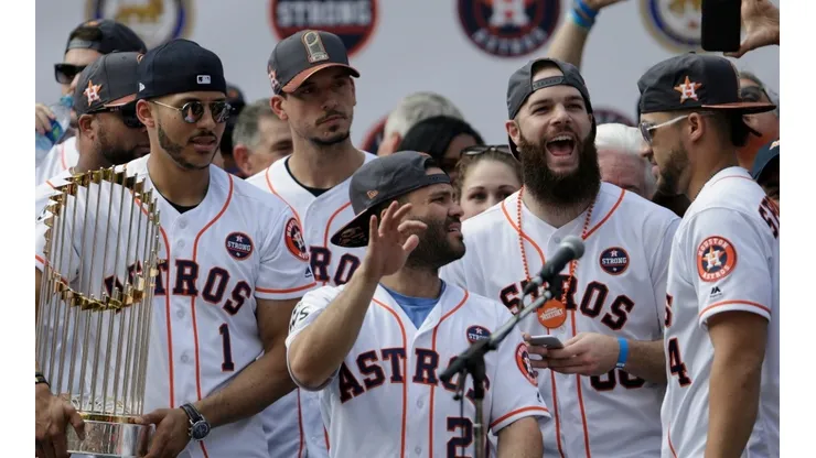 George Springer #4 of the Houston Astros is introduced during the Houston Astros Victory Parade on November 3, 2017 in Houston, Texas. The Astros defeated the Los Angeles Dodgers 5-1 in Game 7 to win the 2017 World Series.