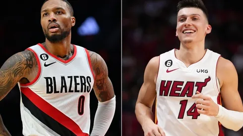 Damian Lillard of the Portland Trail Blazers and Tyler Herro of the Miami Hea
