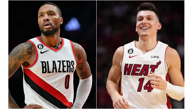 Damian Lillard of the Portland Trail Blazers and Tyler Herro of the Miami Hea
