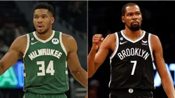Giannis Antetokounmpo of the Milwaukee Bucks and Kevin Durant of the Brooklyn Nets