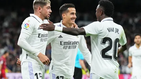 Lucas Vazquez celebrates with Federico Valverde and Vinicius Junior of Real Madrid