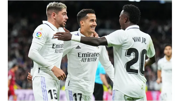 Lucas Vazquez celebrates with Federico Valverde and Vinicius Junior of Real Madrid