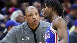 Head coach Doc Rivers speaks with Tyrese Maxey of the Philadelphia 76ers