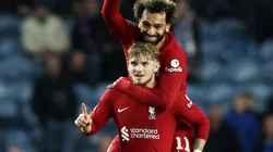Harvey Elliott and Mohamed Salah of Liverpool