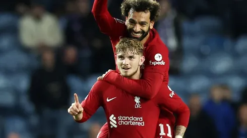 Harvey Elliott and Mohamed Salah of Liverpool