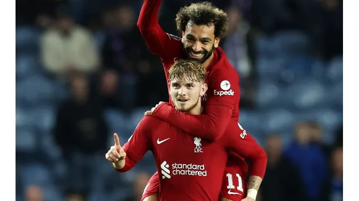 Harvey Elliott and Mohamed Salah of Liverpool