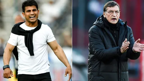 Hugo Ibarra coach of Boca Juniors (L) and Julio Falcioni coach of Independiente (R)