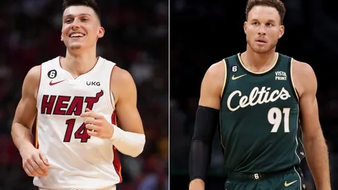 Tyler Herro of the Miami Heat (L) and Blake Griffin of the Boston Celtics (R)