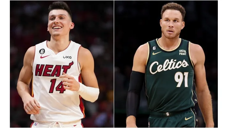 Tyler Herro of the Miami Heat (L) and Blake Griffin of the Boston Celtics (R)