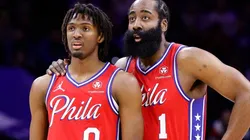 Tyrese Maxey and James Harden of the Philadelphia 76ers