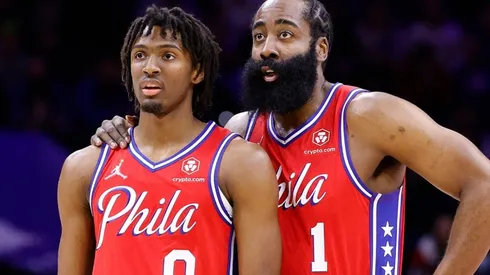 Tyrese Maxey and James Harden of the Philadelphia 76ers