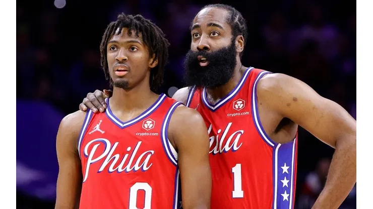 Tyrese Maxey and James Harden of the Philadelphia 76ers
