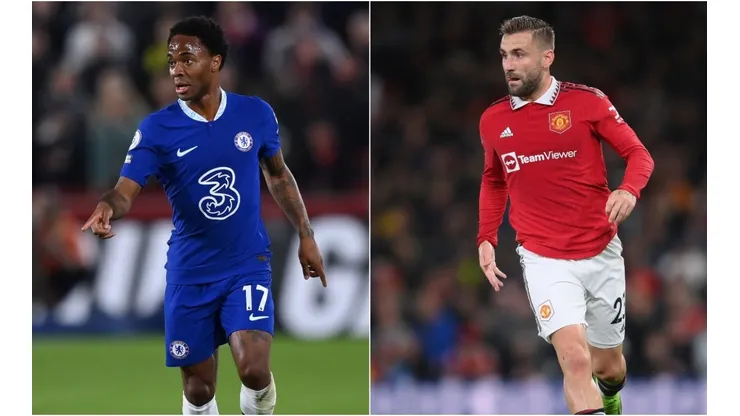 Raheem Sterling of Chelsea (L) and Luke Shaw of Manchester United (R)