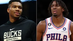 Giannis Antetokounmpo of Milwaukee Bucks and Tyrese Maxey of the Philadelphia 76ers