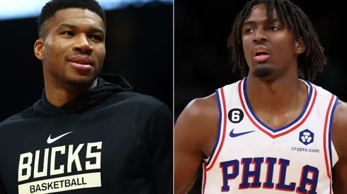 Giannis Antetokounmpo of Milwaukee Bucks and Tyrese Maxey of the Philadelphia 76ers