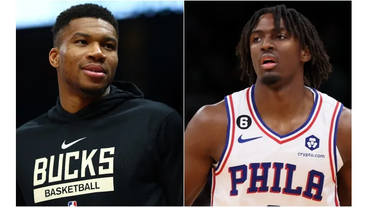 Giannis Antetokounmpo of Milwaukee Bucks and Tyrese Maxey of the Philadelphia 76ers