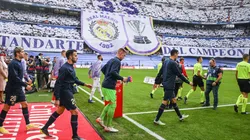 Barcelona players walk onto the pitch against Real Madrid