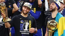 Stephen Curry and Klay Thompson of the Golden State Warriors celebrate