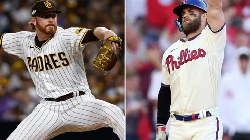 Steven Wilson of the San Diego Padres and Bryce Harper of the Philadelphia Phillies