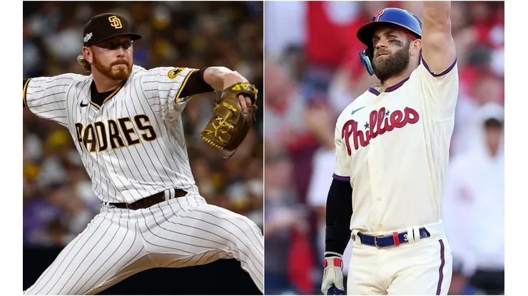 Steven Wilson of the San Diego Padres and Bryce Harper of the Philadelphia Phillies