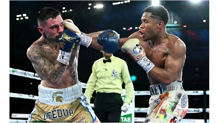 Devin Haney lands a punch to George Kambosos Jr during the World Lightweight Championship bout