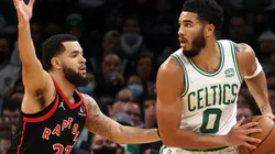 Fred VanVleet of the Toronto Raptors and Jayson Tatum of the Boston Celtics
