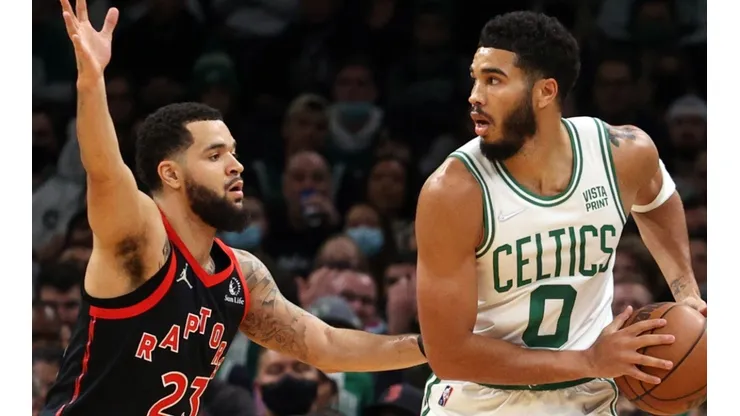 Fred VanVleet of the Toronto Raptors and Jayson Tatum of the Boston Celtics