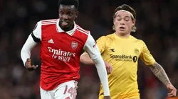 Eddie Nketiah of Arsenal and Patrick Berg of Bodo/Glimt