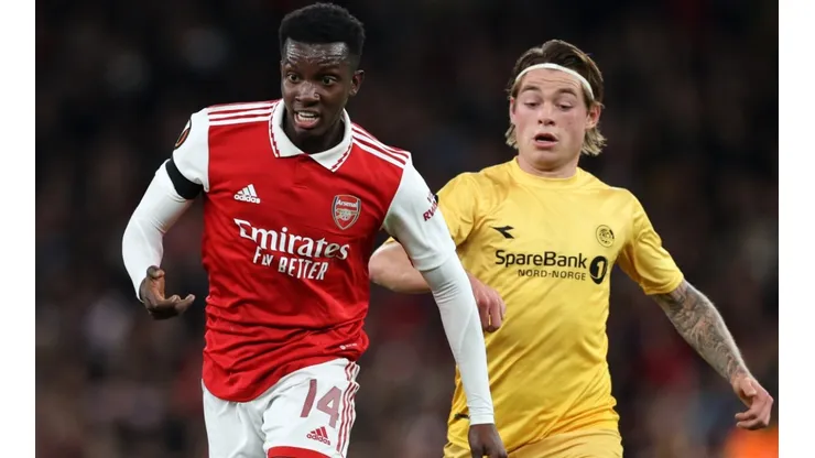 Eddie Nketiah of Arsenal and Patrick Berg of Bodo/Glimt