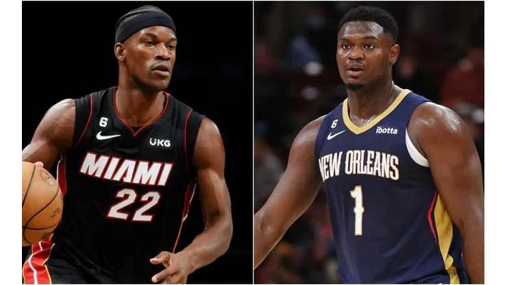 Jimmy Butler of the Miami Heat and Zion Williamson of the New Orleans Pelicans