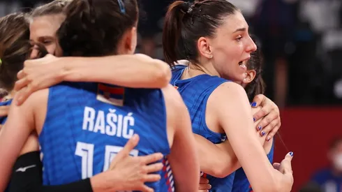 Tijana Boskovic of Serbia celebrates with teammates