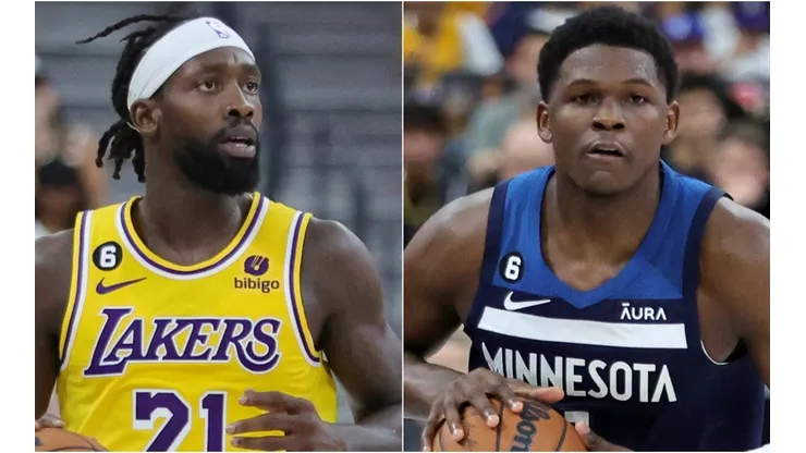 Patrick Beverley of the Los Angeles Lakers and Anthony Edwards of the Minnesota Timberwolves