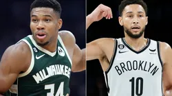 Giannis Antetokounmpo of the Milwaukee Bucks and Ben Simmons of the Brooklyn Nets