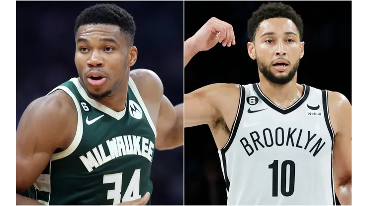 Giannis Antetokounmpo of the Milwaukee Bucks and Ben Simmons of the Brooklyn Nets