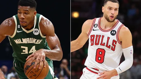 Giannis Antetokounmpo of the Milwaukee Bucks and Zach LaVine of the Chicago Bulls