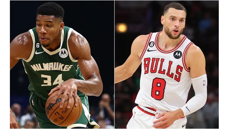 Giannis Antetokounmpo of the Milwaukee Bucks and Zach LaVine of the Chicago Bulls