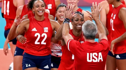 Head Coach Karch Kiraly of United States celebrates with his team
